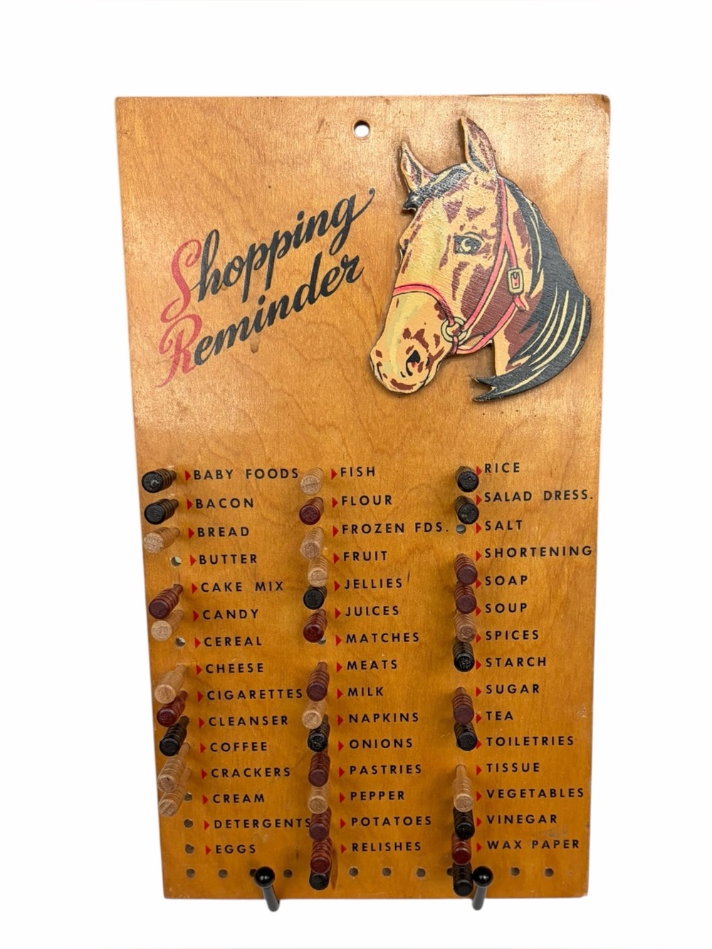 Vintage Wooden Shopping Reminder Grocery List Peg Board Horse Kitchen Decor